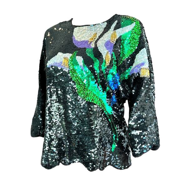 Vintage Black Silk Sequin Top 3/4 Batwing Sleeve Calla Lily Pattern Size XL 1X - Picture 4 of 10